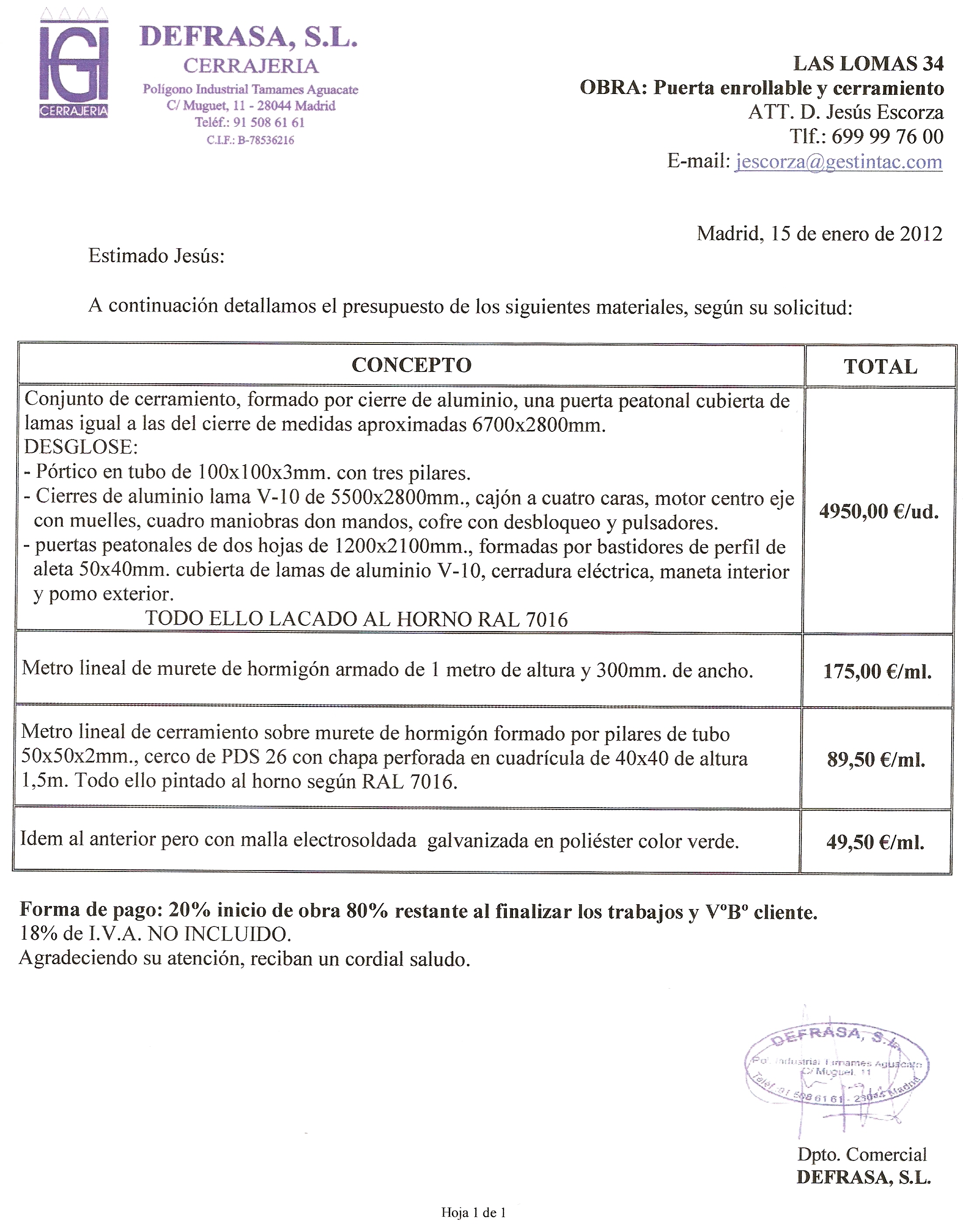 Las Lomas 34 - Documento Presupuesto Puerta Garaje y Cerramiento